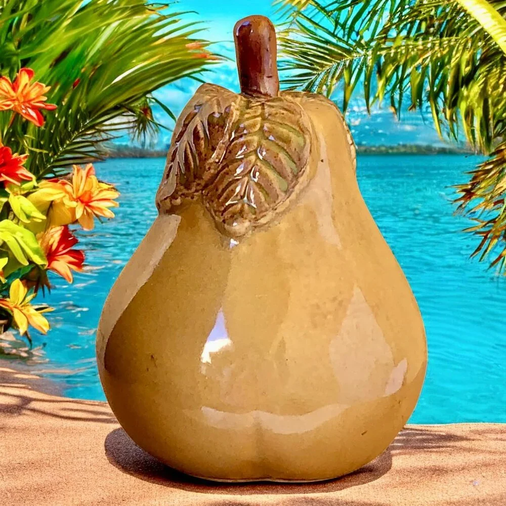 Ceramic Pear Fruit With Leaf Stem Decorative Figurine 7.6